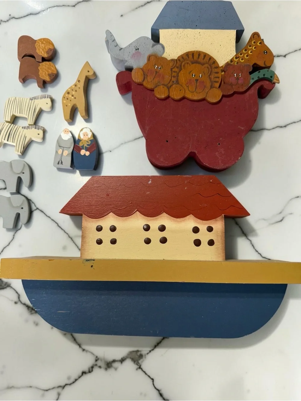 Vintage Wooden Noah’s Ark Lot | Folk Art Hand Painted Ark + Animal Pairs + Noah